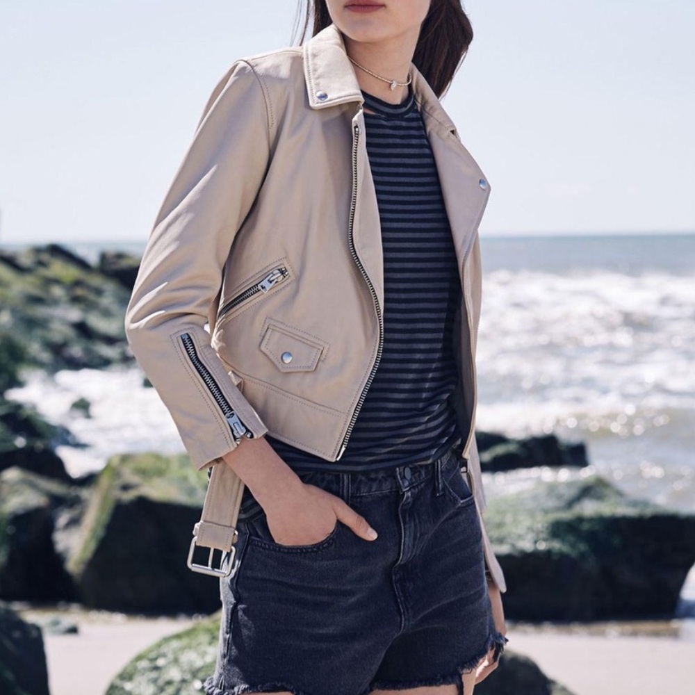 All Saints Cole Biker Lamb Leather Jacket 0 NWOT Sand Brown Silver Zippers